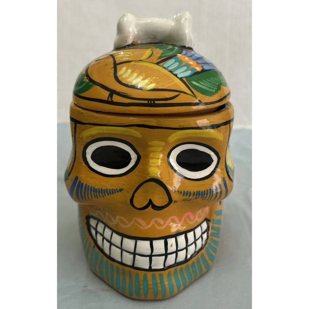 Sugar Skull Jar, Trinket Box With Lid Day of the Dead Mexico Light Orange